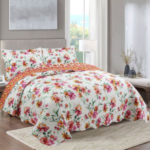 Kit Cobre Leito Colcha Casa Scarpa Mix Queen Estampado Dupla Face Floral 3 Peças - Lilian - Laranja