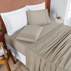 Jogo Cama Lençol Bouclê Casal Padrão Micro Percal 200 Fios C- Laise Bordada 4 Peças - Bege Taupe