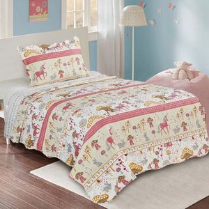 Kit Cobre Leito Colcha Solteiro Infantil Joy Dupla Face Estampado 2 Peças - Cogumelos - Rosa - 100% Poliéster