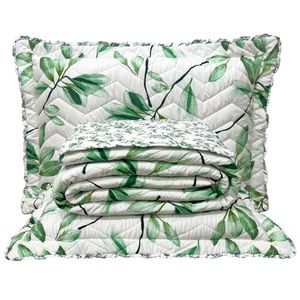 Kit Cobre Leito Colcha Casa Scarpa Classics Queen Dupla Face Percal 300 Fios Estampado 3 Peças - Flores Verde