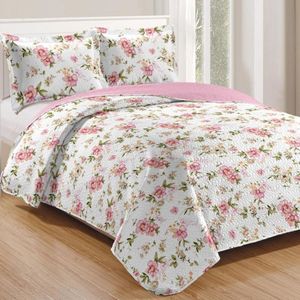 Kit Cobre Leito Colcha Mix Queen Estampado Dupla Face Floral 3 Peças - Nádia