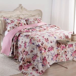 Kit Cobre Leito Colcha Mix Queen Estampado Dupla Face Floral 3 Peças - Damares