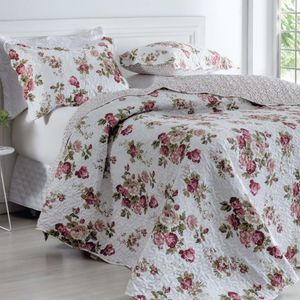 Kit Cobre Leito Colcha Mix Queen Estampado Dupla Face Floral 3 Peças - Denise