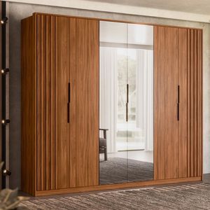 Guarda Roupa Casal 6 Portas Com Ripado E Com Espelho 6 Gavetas Equador - Nogueira Touch Nogueira Touch