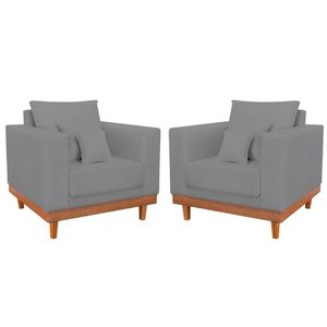 Kit 02 Poltronas Living Linho Base Resistente + Almofadas Grafite