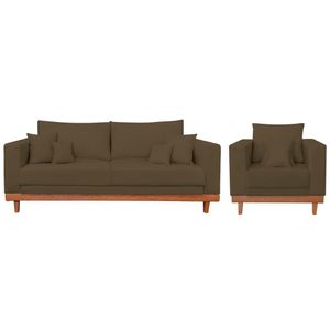 Kit 1 Poltrona Living Suede + Sofá 2 Lugares Com Almofadas Marrom