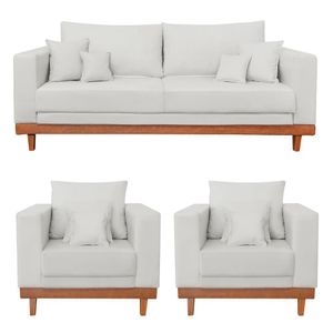 Kit 2 Poltronas Living + Sofá 2 Lugares Base Madeira Linho Bege