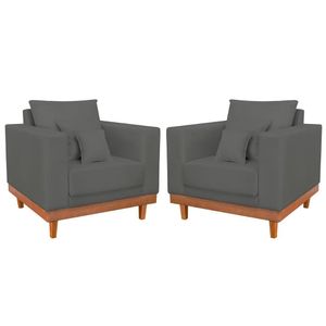 Kit 02 Poltronas Living Suede Base Resistente + Almofadas Cinza