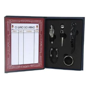 Kit Vinho Livro Com Abridor, Saca Rolhas, Tampa, Dosador, Corta Lacre 5 Peças