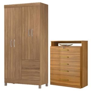Kit Guarda Roupa Solteiro 4 Portas Lótus Cômoda Triunfo Amêndola Touch