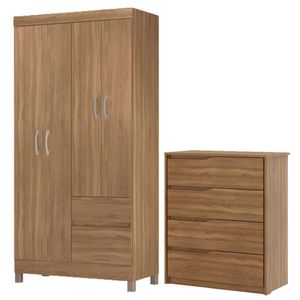 Kit Guarda Roupa Solteiro 4 Portas Lótus Cômoda Atria Amêndola Touch