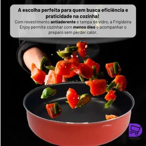 Frigideira Enjoy Reta 24cm Versátil, Durável, Antiaderente E Vermelha Com Tampa De Vidro E Alça Confortável