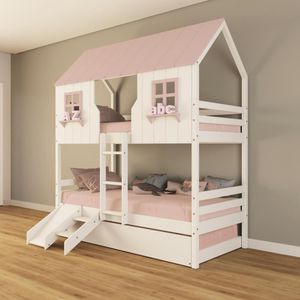 Treliche Casinha Encantada Com Kit Escada/ Escorregador Madeira Maciça Branco/ Rosa Housin