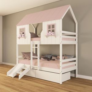 Beliche Casinha Encantada Com 02 Gavetas Kit Escada/ Escorregador Madeira Maciça Branco/ Rosa Housin