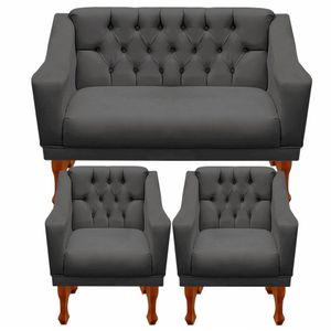 Kit Namoradeira + 2 Poltrona Decorativa Grécia Dritex Suede Cinza
