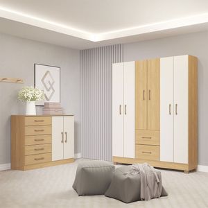 Kit Quarto Casal Completo Guarda Roupa Cômoda Menu Móveis Carvalho