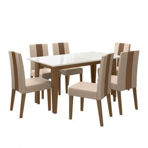 Conjunto De Sala De Jantar Mesa Com 6 Cadeiras Goya Poliman Carvalho Com Off White