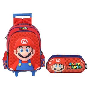 Kit Mochila Com Rodinhas E Estojo Escolar Triplo Super Mario Azul - Maxlog