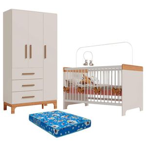 Berço Mini Cama E Guarda Roupa Infantil Pega Pega 3 Portas Off White Caramelo Com Colchão Ortobom- Canaã