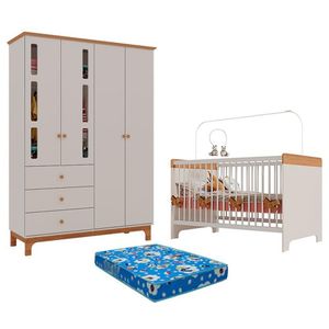 Berço Mini Cama Pega Pega E Guarda Roupa Antonella 4 Portas Off White Caramelo Com Colchão Ortobom - Canaã