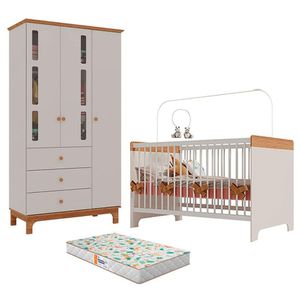 Berço Mini Cama Pega Pega E Guarda Roupa Antonella 3 Portas Off White Caramelo Com Colchão Gazin - Canaã