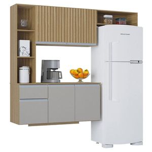 Cozinha Suspensa Com Balcão Mel 163 Cm Damasco Ripado Off White- Poquema