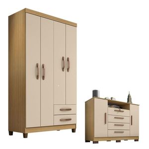 Guarda Roupa Solteiro Modena 4 Portas E Cômoda Madri Carvalho Americano Off White - Incorplac