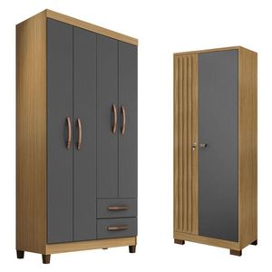 Guarda Roupa Solteiro Modena 4 Portas E Armário Multiuso Versatile Carvalho Americano Grafite - Incorplac