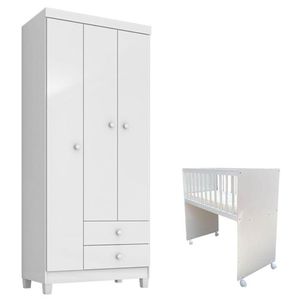 Mini Berço Moisés Alegria Com Colchão E Guarda Roupa 3 Portas Ternura Baby Branco Flex - Incorplac