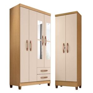 Guarda Roupa Solteiro Modena Com Espelho 4 Portas E Armário Multiuso Egito Carvalho Americano Off White - Incorplac