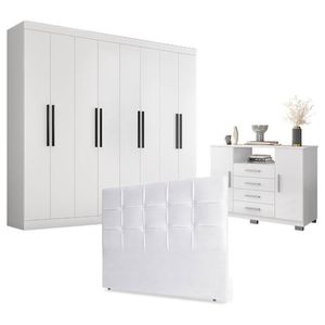 Guarda Roupa Casal Prime 1684 Com Cômoda Sapateira 8020 E Cabeceira Luiza 140cm Branco - Araplac