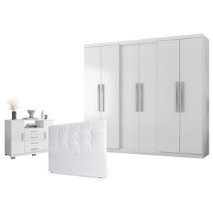 Guarda Roupa Casal Prime 6000 E Cômoda 8020 Com Cabeceira Luiza 140cm Branco - Araplac