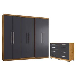 Guarda Roupa Casal Prime 6000 Com Cômoda 8050 Freijó Carbono - Araplac