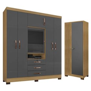 Guarda Roupa Casal Imperial Com Armário Multiuso Versátile Carvalho Americano Grafite - Incorplac