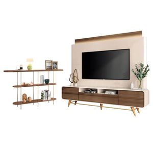 Estante Home Theater Nobre Off White Castanho E Aparador Infinity Castanho - Hb Móveis