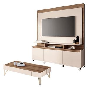 Estante Home Theater Quantum E Mesa De Centro Cadenza Off White Castanho - Hb Móveis