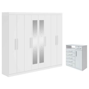 Guarda Roupa Casal Andara Soft Com Espelho E Cômoda Sapateira Da Vinci Branco Brilho - Lopas