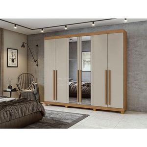 Guarda Roupa Casal Ambiente Bertha 6 Portas Amêndoa Clean Off White Com Pés E Espelho - Lopas