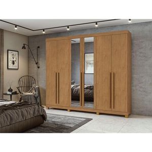 Guarda Roupa Casal Ambiente Bertha 6 Portas Amêndoa Clean Com Pés E Espelho - Lopas