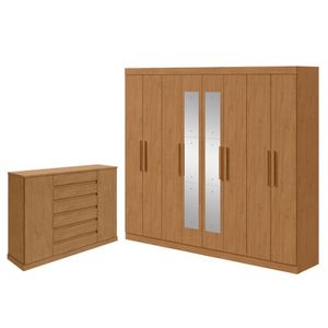Guarda Roupa Casal Andara Soft Com Espelho E Cômoda Sapateira Vedra Amêndoa Clean - Lopas