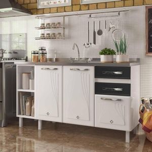 Balcão De Cozinha De Aço Gabinete Para Pia 3 Portas 2 Gavetas 150cm Multimóveis Cr20355 Branco-preto