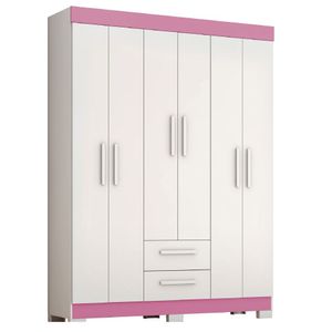Guarda Roupas Casal Juvenil 6 Portas 2 Gavetas Líbano Branco / Rosa Notável