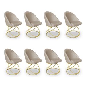 Kit 08 Cadeiras Poltrona De Jantar Bela Linho Bege Base Metálica Luxo Dourado - Pallazio