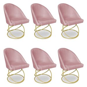 Kit 06 Cadeiras Poltrona De Jantar Bela Veludo Rosê Base Metálica Luxo Dourado - Pallazio