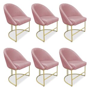 Kit 06 Cadeiras Poltrona De Jantar Bela Veludo Rosê Base Metálica Industrial Dourado - Pallazio