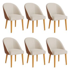Kit 06 Cadeiras Poltrona De Jantar Bela Corano Nozes E Linho Pés Palito Castanho - Pallazio Cor Bege