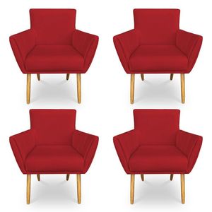 Kit 4 Poltronas Decorativa Leticia Suede Vermelho Pés Palito Castanho - Pallazio