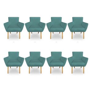 Kit 8 Poltronas Decorativa Leticia Suede Azul Turquesa Pés Palito Castanho - Pallazio