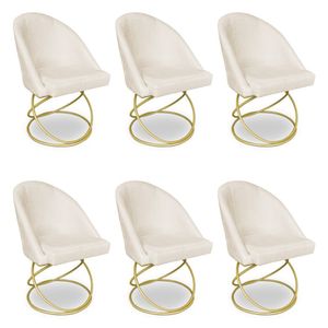 Kit 06 Cadeiras Poltrona De Jantar Bela Veludo Base Metálica Luxo Dourado - Pallazio Cor Bege