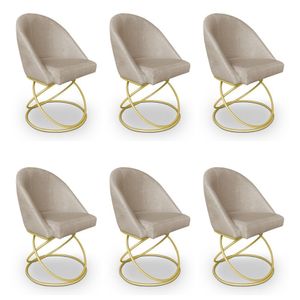 Kit 06 Cadeiras Poltrona De Jantar Bela Linho Bege Base Metálica Luxo Dourado - Pallazio